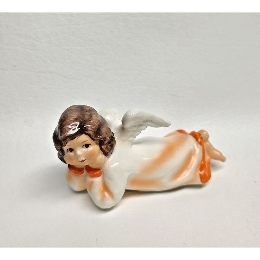 Vintage Goebel Lying Angel Figurine Orange Clothes Unusual West Germany 3-3/4" L